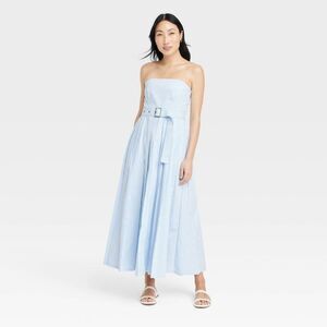 NWT: Women's Belted Midi Bandeau Dress - A New Day Blue/White Striped 8